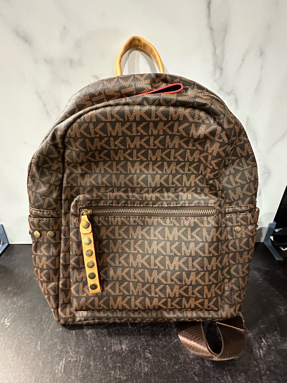 Michael Kors Brown MK Logo Backpack with Yellow Accents